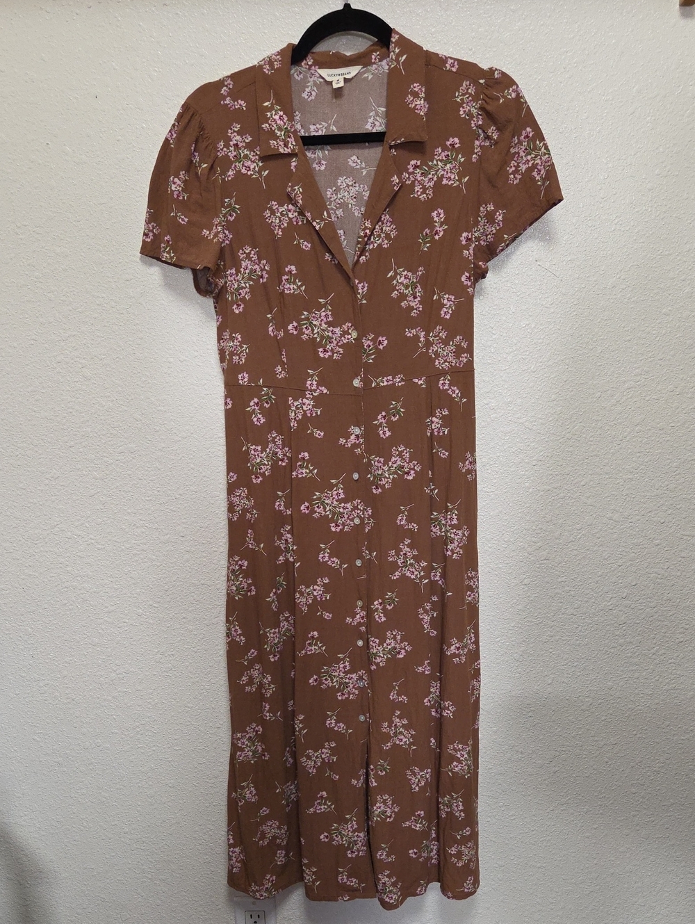 Lucky Brand Brown Midi Dress with Pink Floral Print Size Medium